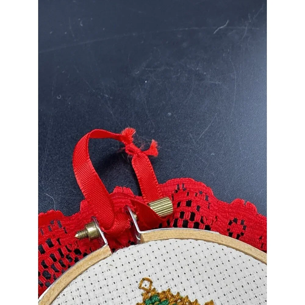 Completed Candle Cross Stitch Embroidery Christmas Ornament Hoop‎ Red Lace